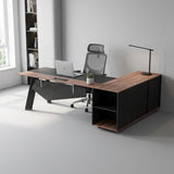 63 Black And Brown Wood And Steel L Shape Pedestal Executive Desk With Four Cabinets