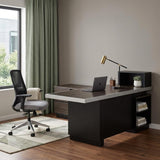 87 Black Wood Pedestal Executive Desk With Two Drawers Built in Lighting