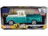 1957 Chevrolet 3100 Stepside Pickup Truck Lowrider Turquoise Metallic and White with White Interior Get Low Series 1/24 Diecas