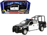 2019 Ford F150 Lariat Crew Cab Pickup Truck with Bed Cage Black and White with Flashing Light Bar and Front and Rear Lights and