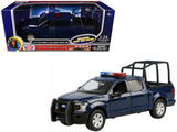 2019 Ford F150 Lariat Crew Cab Pickup Truck with Bed Cage Dark Blue with Flashing Light Bar and Front and Rear Lights and Sound