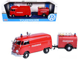 Volkswagen Type 2 (T1) Fire Van with Fire Fighting Trailer Feuerwehr Red 1/24 Diecast Model Car by Motormax