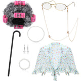 Tatuo 7pcs Old Lady Costume Granny Wig Shawl Cane Frame Glasses with Chain Pearl Necklace Bracelet Earrings(Gray and White)