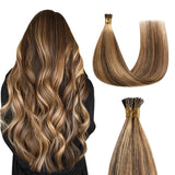 Sunya I Tip Hair Extensions Human Hair 20 Inch Dark Brown Highlight Caramel Blonde I Tip Hair Extensions Brown #P4/27 50g 50 Str