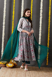 Anni Designer Women'S Cotton Blend Anarkali Printed Kurta With Pant & Dupatta (Toki White_Xl_White_X-Large),White,XL,,,