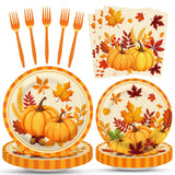 100 Pcs Fall Pumpkin Leaves Tableware Party Supplies Set, Serves 25 - Disposable Autumn Harvest Paper Plates, Napkins, and Forks