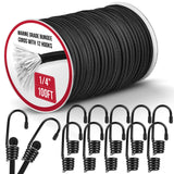 Marine Grade Heavy Duty Bungee Cord Roll with 12 Hooks - Black Elastic Shock Cord Kit for Kayak Deck, Outdoor Camping, Tarp Tie