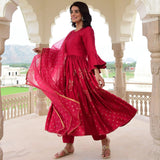 Anni Designer Women'S Rayon Blend Anarkali Printed Kurta With Pant & Dupatta (Kundavai Pink_S_Pink_Small),Pink,S,Rayon Blend,Anarkali,