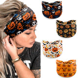 4 Pack Halloween Headbands for Women, Cute Pumpkin Ghost Bat Prints Wide Stretchy Hair Bands, Breathable Stretchy Non-Slip Holid