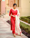 Anni Designer Women'S Cotton Blend Handpainted Printed Kurta With Palazzo & Dupatta (Rayon Red-Jan15_Xl_Red_X-Large),Red,XL,Cotton Blend,Regular,Dupatta