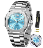 Olevs Men'S Quartz Wrist Watch Square Stainless Steel Waterproof Date Calendar Luminous Stylish Brand Watch For Men