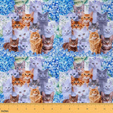 Cats Upholstery Fabric by The Yard, Cute 3D Cat Collection Outdoor Fabric by The Yard, Kitten Cat Lover Blue Floral Flower Decor