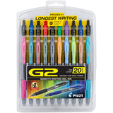 Pilot, G2 Premium Gel Roller Pens, Fine Point 0.7 mm, Assorted Colors, Pack of 20