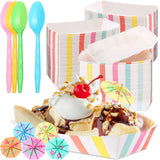 FoldTier 60 Set Colorful Food Trays Boat Paper Disposable Banana Split Boats with Umbrellas 8 oz Bowls for Birthday Summer Party