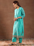 Libas Womens Embroidered Silk Blend Straight Kurta With Trousers And Dupatta Turquoise Blue Turquoise Blue L