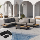 homary 6 Piece Aluminum & Teak Outdoor Sofa Set, Patio Conversation Sets Modular Outdoor Sofa with Covers, Waterproof, Fade Resi