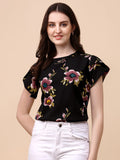 Wedani Women'S Casual Short Sleeves Round Neck Foral Regular Fit Top (Small Black-1),Black-1,S,Polyester,Western,