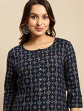 Rangita Navy Rayon Calf Length Printed Straight Kurti For Women | Kurta For Women_Xl