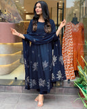 Anni Designer Women'S Rayon Viscose Anarkali Printed Kurta With Pant & Dupatta (Gangori Kerosin_S_Dark Blue_Small),Dark Blue,S,,,