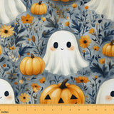 Happy Halloween Fabric by The Yard,Orange Pumpkin Flowers Upholstery Fabric,Cartoon Ghost Rustic Decorative Cloth for Sofa,Gray