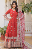 Wedani Faux Georgette Embroidered Work Anarkali Kurta Set For Women (In Alpha M Regular Red),Red,M,Georgette,Anarkali,Kurta, Scarf