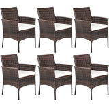 RELAX4LIFE Wicker Patio Chairs Set of 6, Indoor Outdoor PE Rattan Armchairs w/Cane Back, Seat Cushions for Bistro Porch Poolside