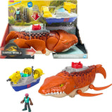 Fisher-Price Imaginext Jurassic World Rebirth Aquachomp Chase Mosasaurus 18-inch Dinosaur Toy with 3-inch Action Figure, Launche