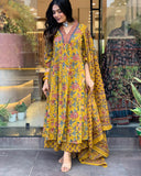 Anni Designer Women'S Rayon Blend Anarkali Printed Kurta With Pant & Dupatta & Dupatta (Cia Yellow_Xl_Yellow_X-Large),Yellow,XL,,,