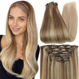 Full Shine Balayage Clip in Hair Extensions Real Human Hair 22 Inch Blonde Human Hair Extensions Clip ins Golden Brown to Golden