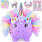 Piggy Bank for Girls Large Unicorn Piggy Banks with Necklace Bracelet DIY Stickers Cute Coin Piggybank Unbreakable for Toddler K