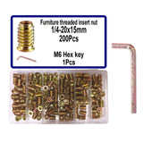 200pcs Threaded Inserts for Wood, 1/4-20x15mm Screw in Nut Assortment Kit, Hex Drive Nut Insert for Home Office Furniture