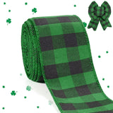 Spring Ribbon Wired, Black DarkGreen Gingham Fabric Ribbon for St. Patricks Day Decoration Farmhouse Plaid Checkered Ribbons for