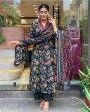 Anni Designer Women'S Rayon Blend Anarkali Printed Kurta With Palazzo & Dupatta (Cia Blue-Vks01_3Xl_Blue_Xxx-Large),Blue,3XL,,,