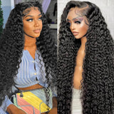 Gearina 26inch Deep Wave Lace Front Wigs Human Hair 200 Density 13x6 HD Transparent Lace Front Wigs for Women Deep Curly Lace Fr