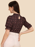 Wedani Women'S Casual Puff Sleeves Ruffled Collor Foral Top (Medium Black-4),Black-4,M,Rayon,Regular,
