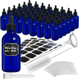 Nevlers Blue Glass Dropper Bottle 4 Oz 48 Pack | Leakproof Tincture Bottles with Dropper, Shrink Wrap, Funnel, Brush, Marker, &