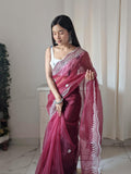 Flosive Women'S Attractive Colour Organza Saree Handwork With Blouse (Maroon)