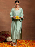 Libas Gerua Womens Yoke Design Silk Blend Straight Kurta With Trousers Green S