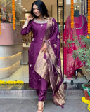 Anni Designer Women'S Cotton Blend Straight Embroidered Kurta With Pant & Dupatta (Beyond Purple_Xl_Purple_X-Large),Purple,XL,Cotton Blend,Regular,