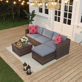 5-Piece Outdoor PE Wicker Patio Furniture Set, Water-Resistant Sectional Sofa With Plush Cushions, Tempered Glass Coffee Table &