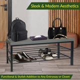 Entryway Shoe Storage Bench with Cushioned Seat, 3-Tier Shelf, Black Steel