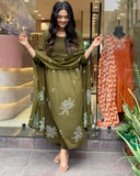 Gosriki Women'S Rayon Viscose Anarkali Printed Kurta With Pant & Dupatta (Gangori Mehandi-Gs_M_Mehandi_Medium),Mehandi,,B0DX24ZBG3