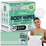 Dura Cleanse Travel Body Wipes - Sensitive Skin (Gentle Clean) - 20 Count, XL 10 x10Individually Wrapped No-Rinse Shower W