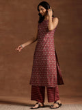 Libas Womens Printed Silk Blend Straight Kurta With Palazzos Burgundy S 36809