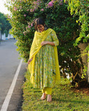 Anni Designer Women'S Rayon Viscose Printed Anarkali Kurta With Pant & Dupatta (Horizon Green_M_Green_Medium),Green,M,Vicose Rayon,Anarkali,