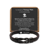 JoycuFF High School College Graduation Gifts for Him 2025, Graduation Leather Stainless Steel Knot Bracelets for Men, Class of 2