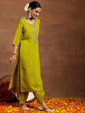 Libas Gerua Womens Embroidered Silk Blend Straight Kurta With Salwar And Dupatta Lime Green 2Xl