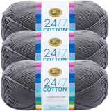 Lion Brand 24/7 Cotton Yarn, Yarn for Knitting, Crocheting, and Crafts, Silver, 3 Pack