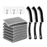 Premium Kitchen Cleaning Kit | 6 Heavy Duty Reusable Wire Dish Cloth + 3 Ergonomic Scrub Brushes + 3 Bonus Hooks | Multipurpose