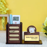 Personalized Wooden Desk Organizer with Clock & Name Plate | Executive Office Table Organizer | Customised Corporate Gift | Prem